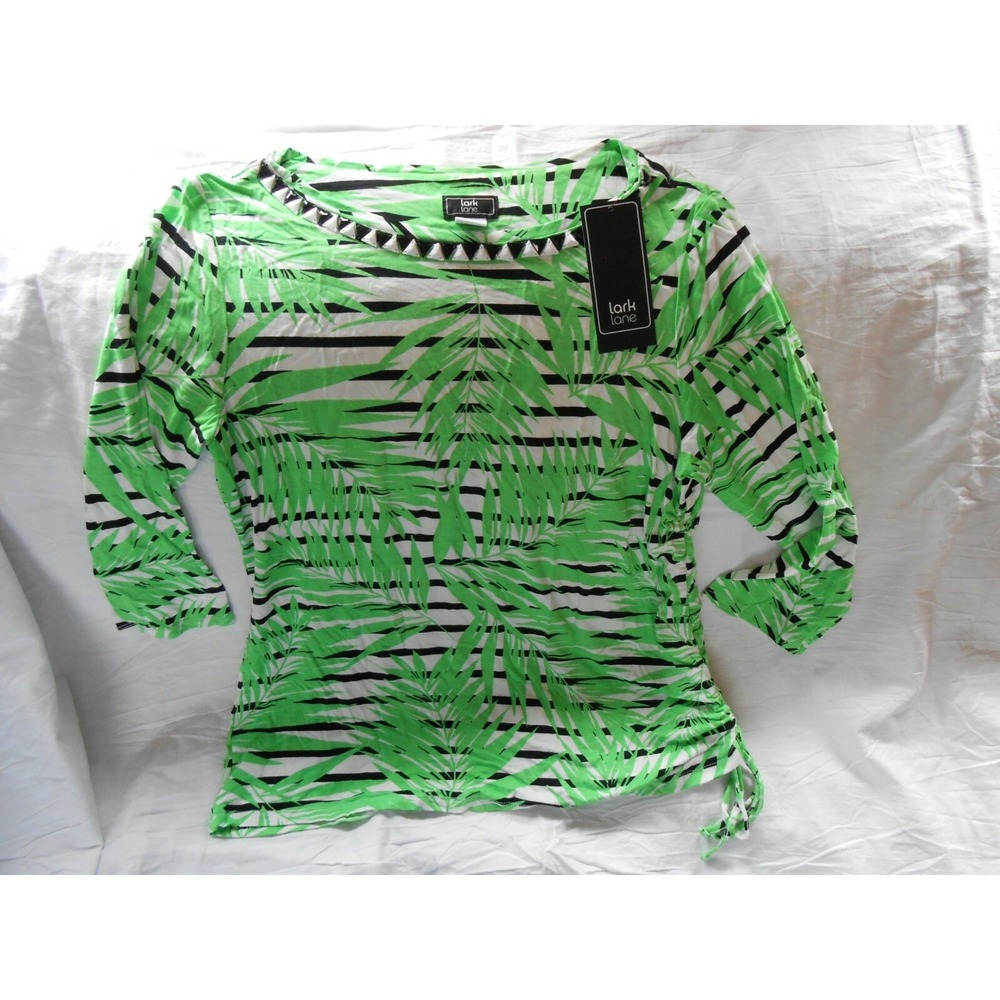 NEW Lark Lane Island Hopping Large 3/4 sleeve Stripe Black/Green Leaf Blouse Top